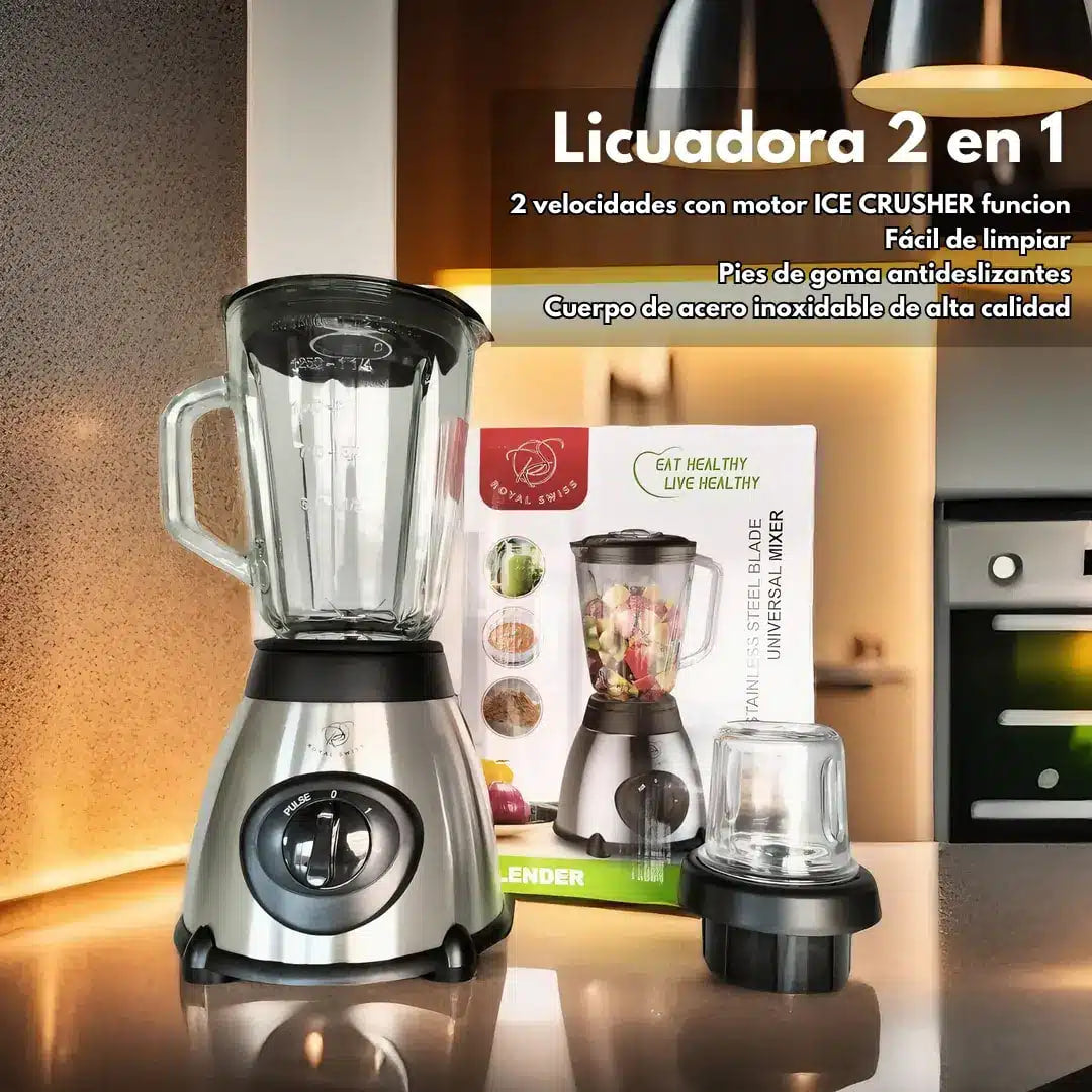 Licuadora y Molinillo con vaso de vidrio / 1000w/ Royal Swiss / Cuchillas de acero inoxidable de 6 hojas / Base INOX