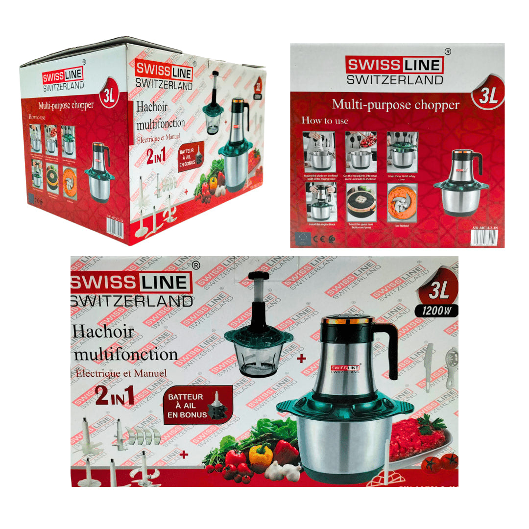 Swiss Line Picadora Eléctrica – Bol Acero Inoxidable + Bol de vidrio 3 Litros/ 1200w 2 velocidades.