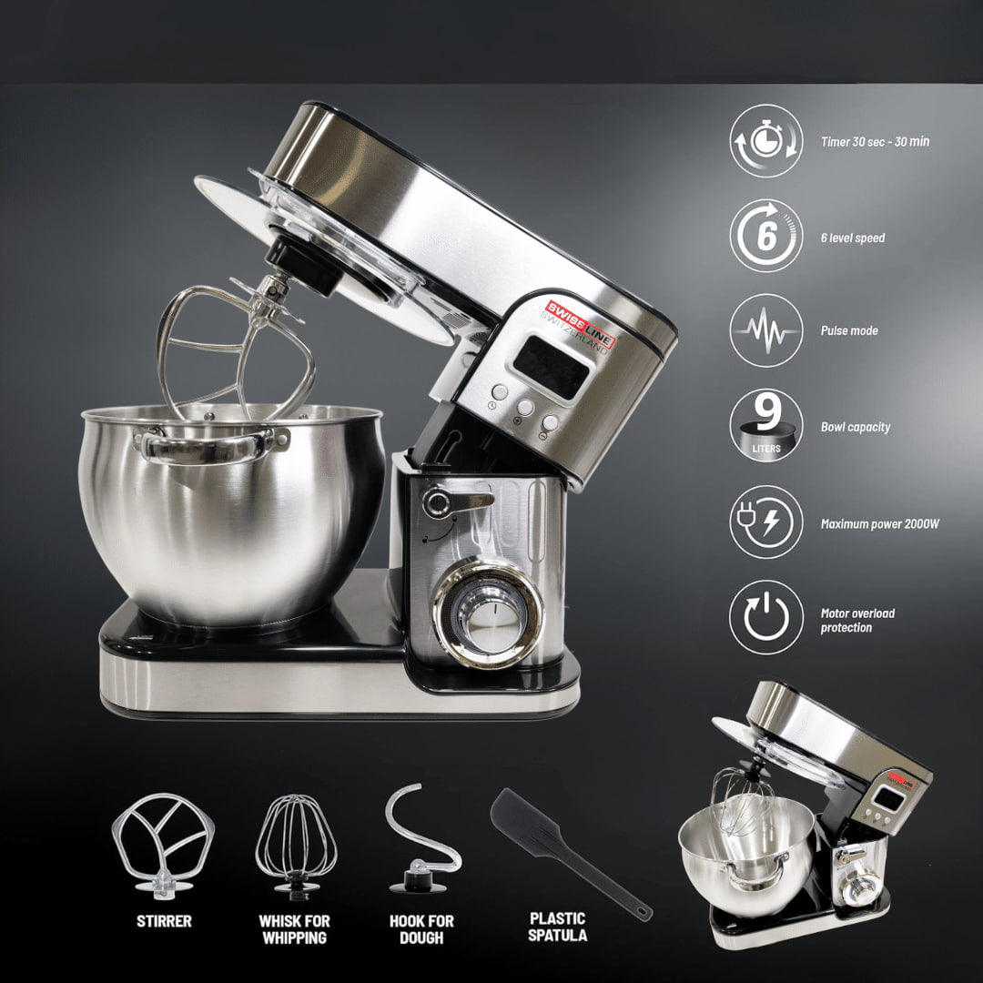 Amasadora Batidora Swiss Line/ 9 litros / 2800w Amasa, bate y mezcla / Pantalla LCD par velocidades y temporizador
