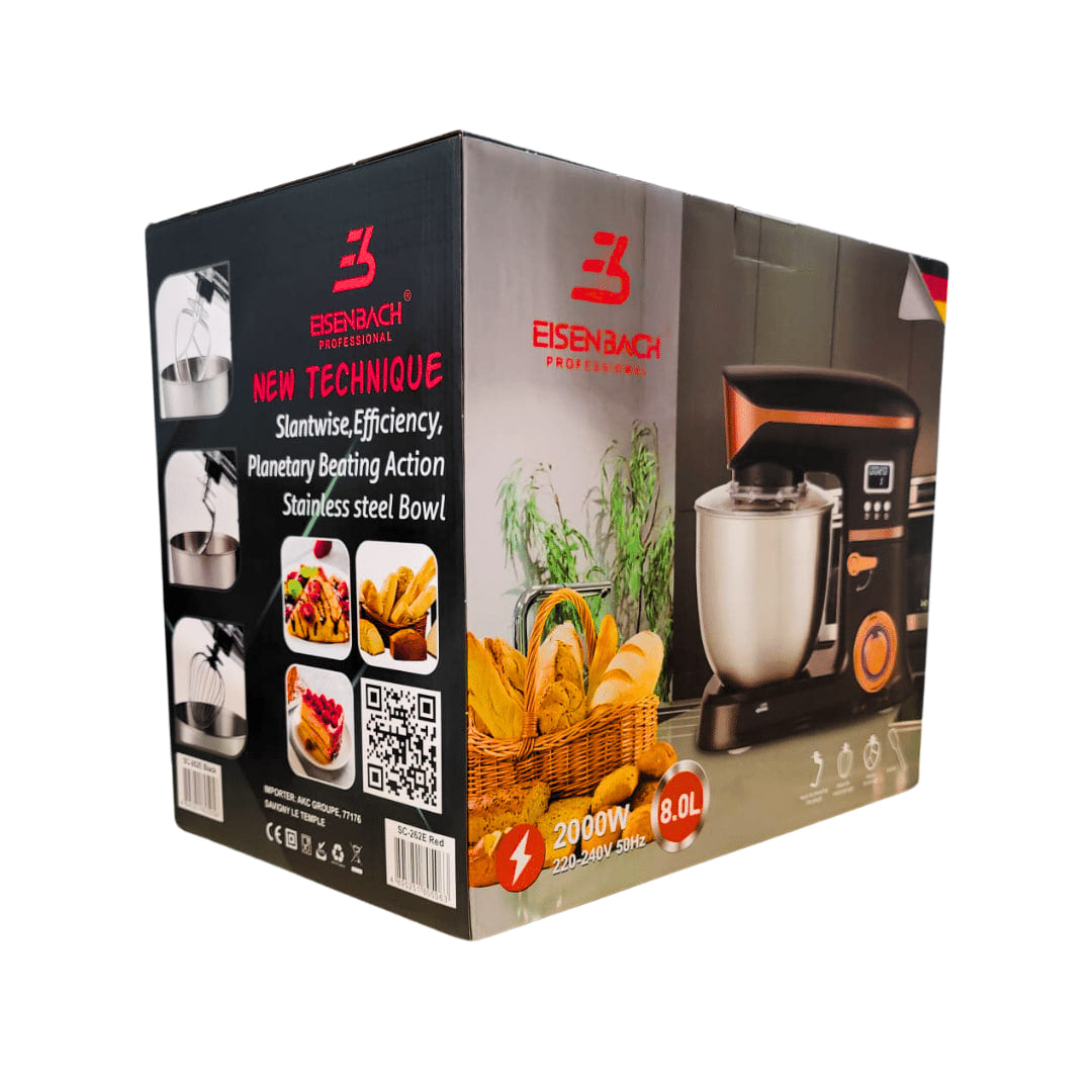 Amasadora Batidora Eisenbach 8 Litros – 6 Velocidades, Bol de Acero Inoxidable, Potente Motor 2000W, Sistema Planetario, Pantalla LCD y Accesorios Incluidos.