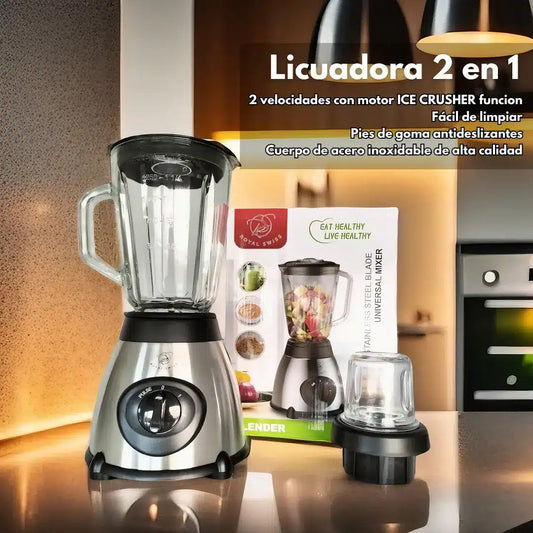 Licuadora y Molinillo con vaso de vidrio / 1000w/ Royal Swiss / Cuchillas de acero inoxidable de 6 hojas / Base INOX