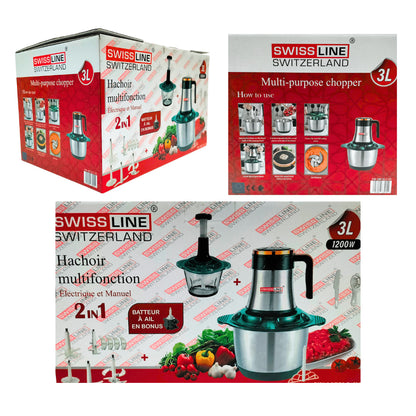 Swiss Line Picadora Eléctrica – Bol Acero Inoxidable + Bol de vidrio 3 Litros/ 1200w 2 velocidades.