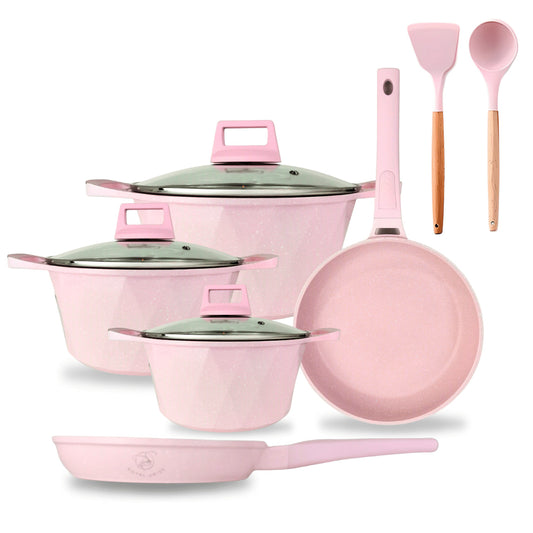 Batería de Cocina Rosa 12 Piezas (20 cm, 24 cm y 28 cm) 2 sartenes (24 cm y 28 cm),