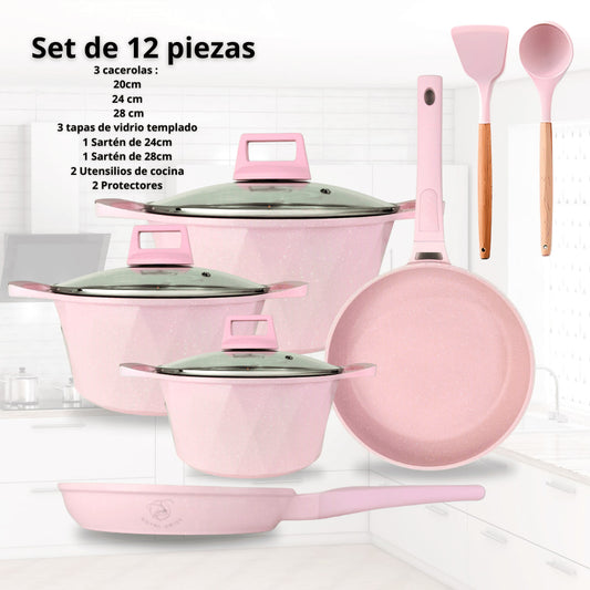 Batería de Cocina Rosa 12 Piezas (20 cm, 24 cm y 28 cm) 2 sartenes (24 cm y 28 cm),