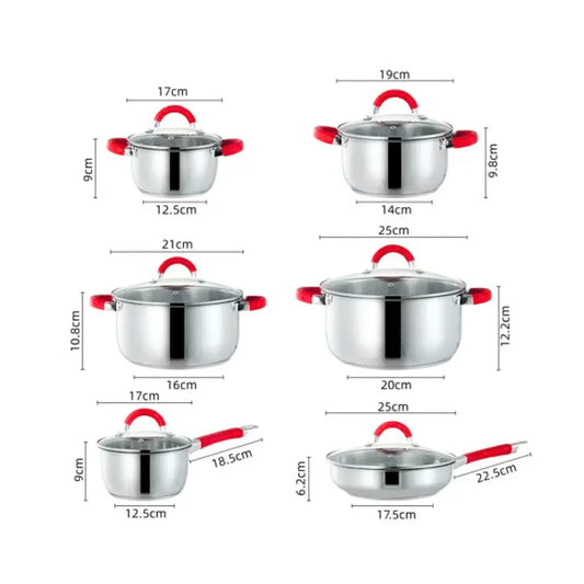 Bateria de cocina 12 Piezas Swiss line / Acero inoxidable / Apta para todo tipo de cocina / Asas silicona roja