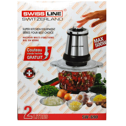 Swiss Line Picadora Eléctrica Bol de vidrio 2 Litros/ 500w 2 velocidades.